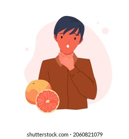 Boy With Red Skin And Fever Infographic Vector Illustration. Cartoon Child Suffering From Allergic Symptom After Eating Grapefruit Allergen Isolated On White. Food Allergy, Diet, Medicine Concept