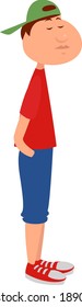 Niño en zapatillas rojas, ilustración, vector sobre fondo blanco.