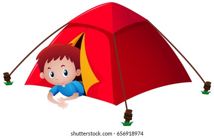Boy in red tent illustration