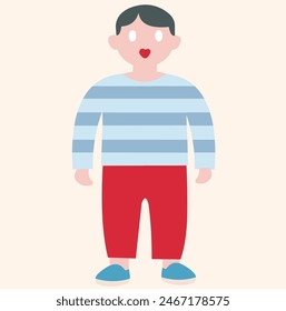 niño en pantalones rojos y camiseta azul marino de pie vista frontal