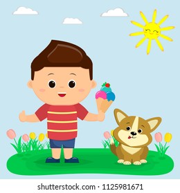 A boy in a red T-shirt and blue shorts is holding ice cream. Next to him sits a puppy Corgi. Glade with tulips, sun and sky. Cartoon style, flat, vector.