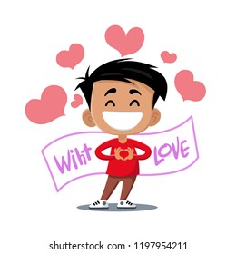 The boy in the red T-shirt making the shape of the heart with his hands. In the background is a banner with the inscription "with love" and hearts. Isolated image. Flat .Vector.