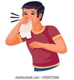 Boy In A Red T-shirt Sneezes Into A Handkerchief, Isolated Object On White Background, Vector Illustration,