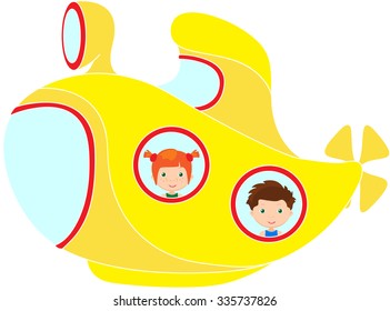 Boy and red-haired girl in submarine. Vector cartoon illustration