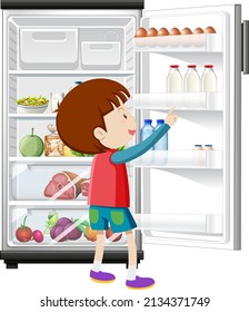 A boy and refrigerator with lots of food. illustration