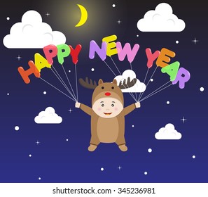 Boy in Reindeer costume holding Colorful Transparent Happy New Year Balloon floating in Night Sky with Snow. Vector Cartoon for Christmas and New Year Celebration