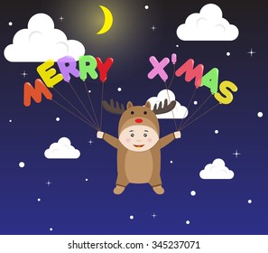 Boy in Reindeer costume holding Colorful Transparent Merry X Mas Balloon floating in Night Sky with Snow. Vector Cartoon for Christmas and New Year Celebration