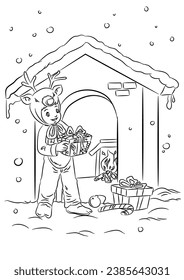 A Boy with reindeer costume playing. Black and white vector cartoon illustration for a coloring book page