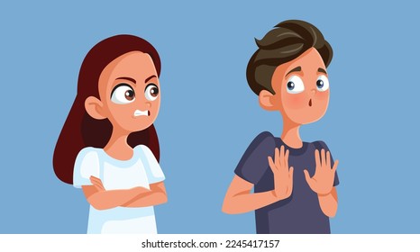 
Boy Rejecting Accusations from Angry Girl Vector Cartoon Illustration. Jealous girlfriend asking for accountability while her boyfriend defends himself 
