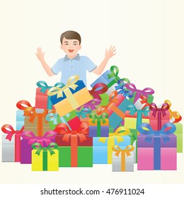 The boy rejoices to the mountain of gifts. Vector illustration