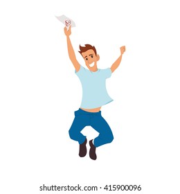 boy rejoices shows excellent exam results. student jumping for joy. vector illustration