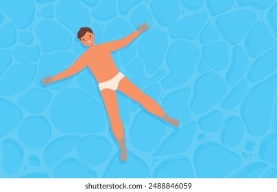 Boy relax in sea. Happy cartoon guy floating in ocean. Marine vacation, wellness in swimming pool. Summer leisure, relaxation and recreation snugly vector scene