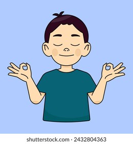 The boy relaxes and smiles with his eyes closed, making a meditation gesture with his fingers. Yoga concept