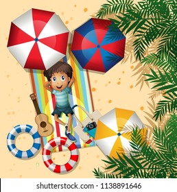 A boy relaxing at the beach illustration