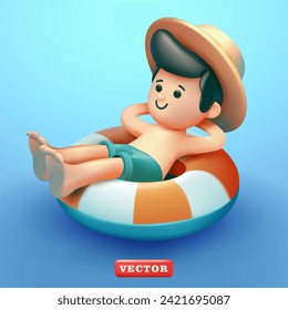 Boy relaxing on a float, 3d vector. Suitable for vacation, summer and design elements