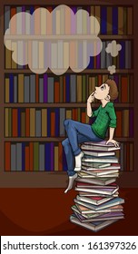 Boy Relaxing on a stack of books next to a bookcase, vector illustration