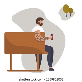 Boy relaxing in park. Outdoor enjoy in rest. Man hold coffee cup. Cool Boy with tattoo Drink Tea or Coffee. Flat Vector illustration