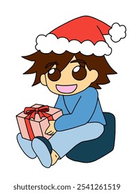 A boy relaxing with a present at Christmas