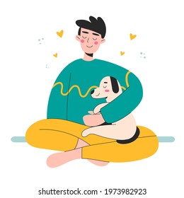 Boy Relaxing and Spending Time with your Dog. Character Take Care of Dog. Best friends. Pet Sitter and Animal Lover Concept. Flat Cartoon Vector Illustration.