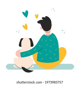 
Boy Relaxing and Spending Time with your Dog. Character Take Care of Dog. Best friends. Pet Sitter and Animal Lover Concept. Flat Cartoon Vector Illustration.

