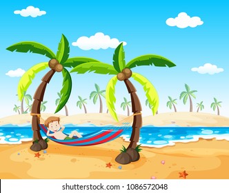 A Boy Relaxing under Palm Tree illustration