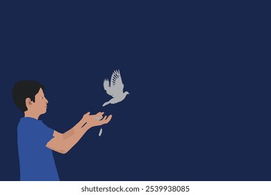 A boy releasing a bird, symbolizing freedom, hope, and new beginnings against a deep blue background vector. Freedom concept illustration vector.