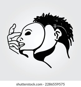 boy removing his face off his head vector with dreadlocks hairs style illustration
