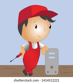 Boy repairman .Vector Illustration. Computer.