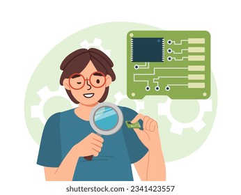 Boy repairs computer chip concept. Young guy with magnifying glass. Techician specialist. Modern technologies and innovations, computer part and processor. Cartoon flat vector illustration