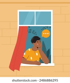 Boy rest by window. Schoolboy stands in apartment and looks out of window. Pensive guy in home. Loneliness and solitude. Kid or child enjoying view of street. Flat vector illustration