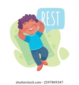 Boy Rest on Green Grass as Verb Study with Little Kid Demonstrating Activity Vocabulary Vector Illustration