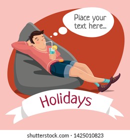 The boy is resting with a glass of drink. Vector isolated illustration. Flat design.