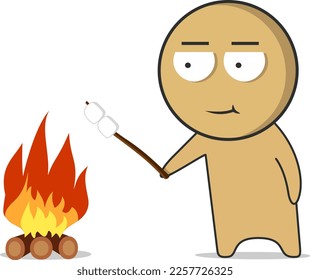 Der Junge ruht in der Natur und bereitet Marshmallows auf Feuer vor 
