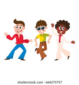 Boy retro disco dancers, black and Caucasian men, cartoon vector illustration isolated on white background. Men and women in colorful clothes dancing at retro disco party