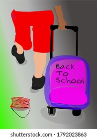 Boy returns to school after covid-19 quarantine and lockdown. Keep seeing children to always wear a mask