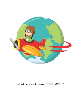 Boy ridding plane around the world