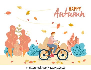 a boy ride bicycle on autumn background, background concept with flat vector design illustrations.