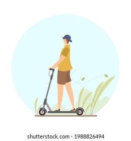 Boy ride cick scooter have view mountain as a background.Flat cartoon design.Isolated on white background.Vector illustration.