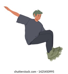 Boy ride on roller skates. Young man riding