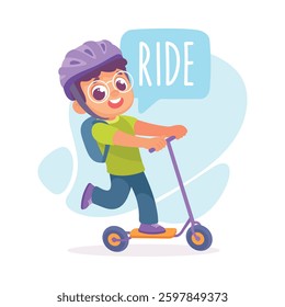 Boy Ride Scooter as Verb Study with Little Kid Demonstrating Activity Vocabulary Vector Illustration
