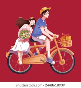 A boy rides a bicycle carrying a girl