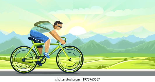 The boy rides a bicycle. Cycling. Fitness and healthy lifestyle. Flat cartoon style. Against the backdrop of the countryside with meadows and fields. Athletics. Illustration Vector