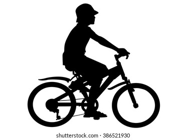 A boy rides a bicycle on a walk. Silhouette on a white background.