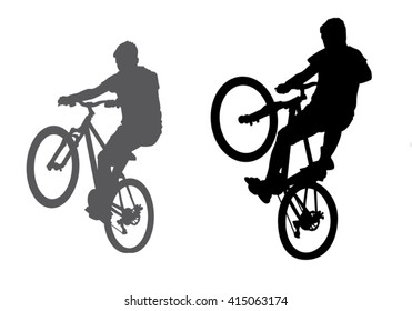 A boy rides a bicycle on a walk.  Silhouette on a white background.