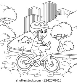 The boy rides a bicycle in the park. Coloring book for children. Vector illustration