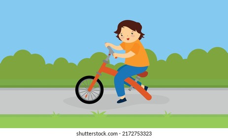 Un niño monta una bicicleta sin una rueda trasera