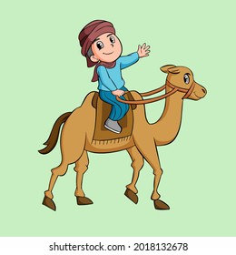 a boy rides a camel	