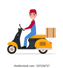 Boy rides a delivery scooter. Vector illustration cartoon character man riding a food delivery scooter isolated on white. Courier guy carries a box on a yellow motor bike.