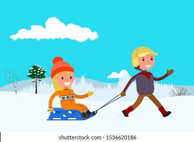 A boy rides a girl on a sled. Vector illustration, flat design.