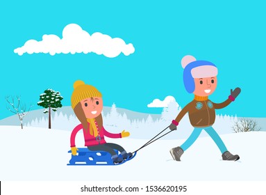 A boy rides a girl on a sled. Vector illustration, flat design.